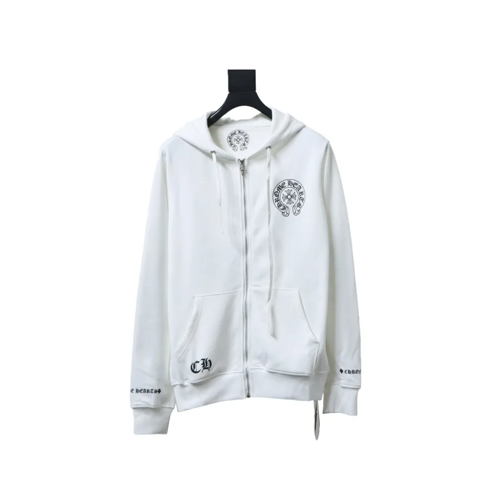 CHRM-HRTS-Cuff-Sanskrit-Print-Zip-Up-Hoodie-White-1 CHRM HRTS Cuff Sanskrit Print Zip-Up Hoodie White - Image 1