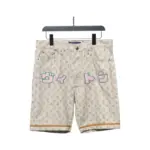 LV Monogram Printed Distressed Denim Shorts Khaki