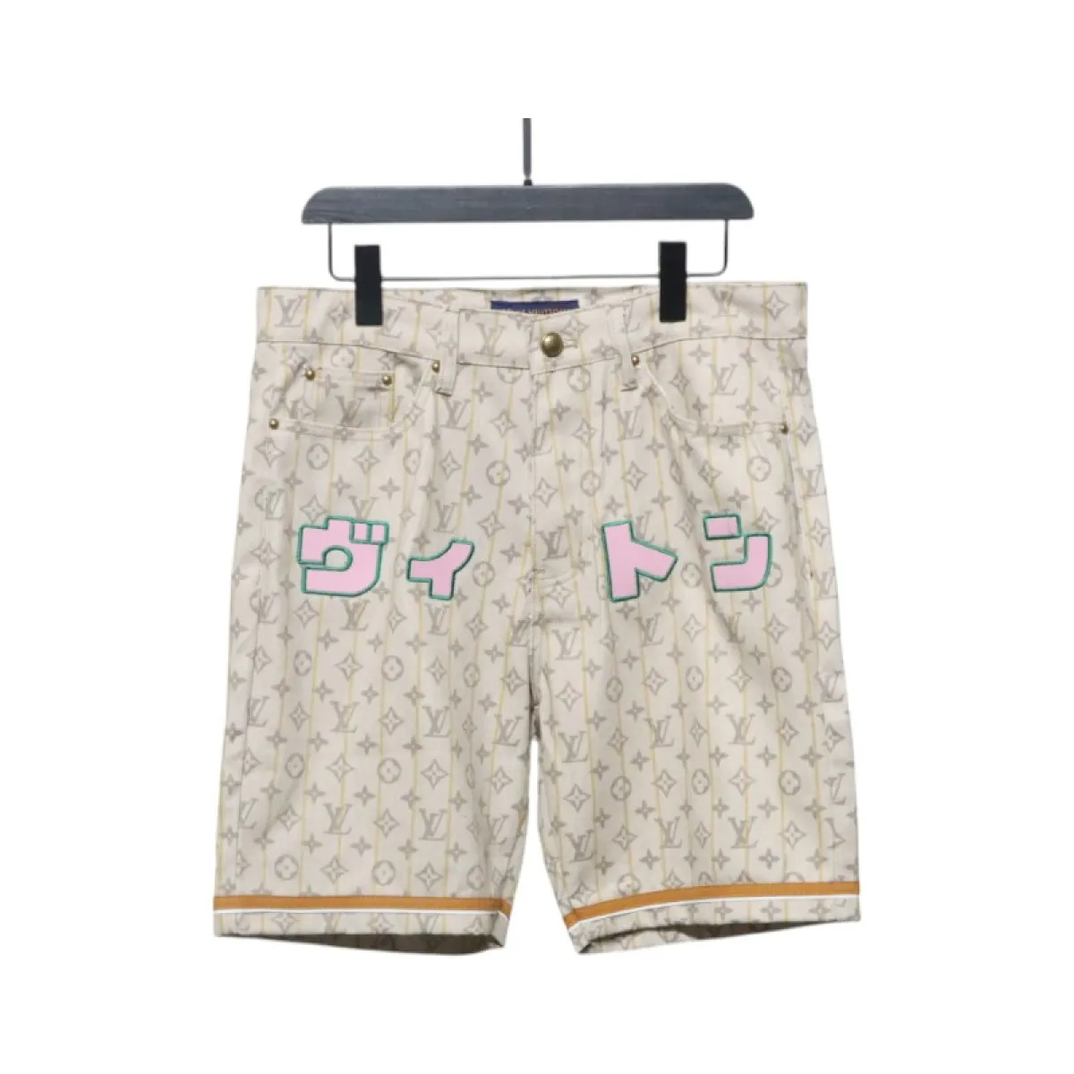 LV-Monogram-Printed-Distressed-Denim-Shorts-Khaki-1 LV Monogram Printed Distressed Denim Shorts Khaki - Image 1